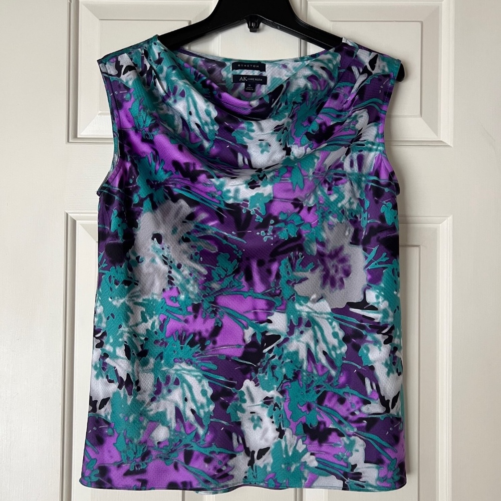 Anne Klein Women's Cowl-Neck Floral-Print Blouse Top, Sleeveless, Women's Medium